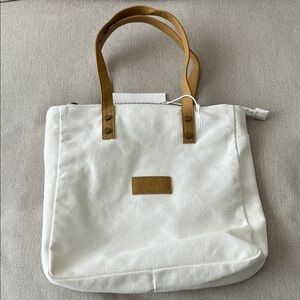 Tan and White Canvas Tote with Leather Accents